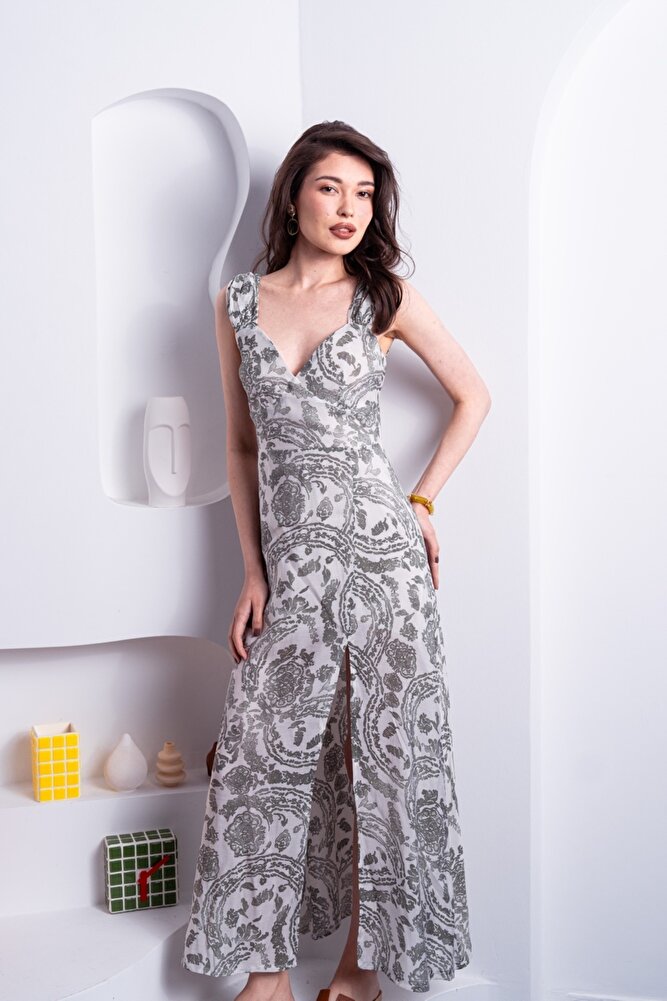 Riviera Paisley Desenli Yırtmaçlı Elbise