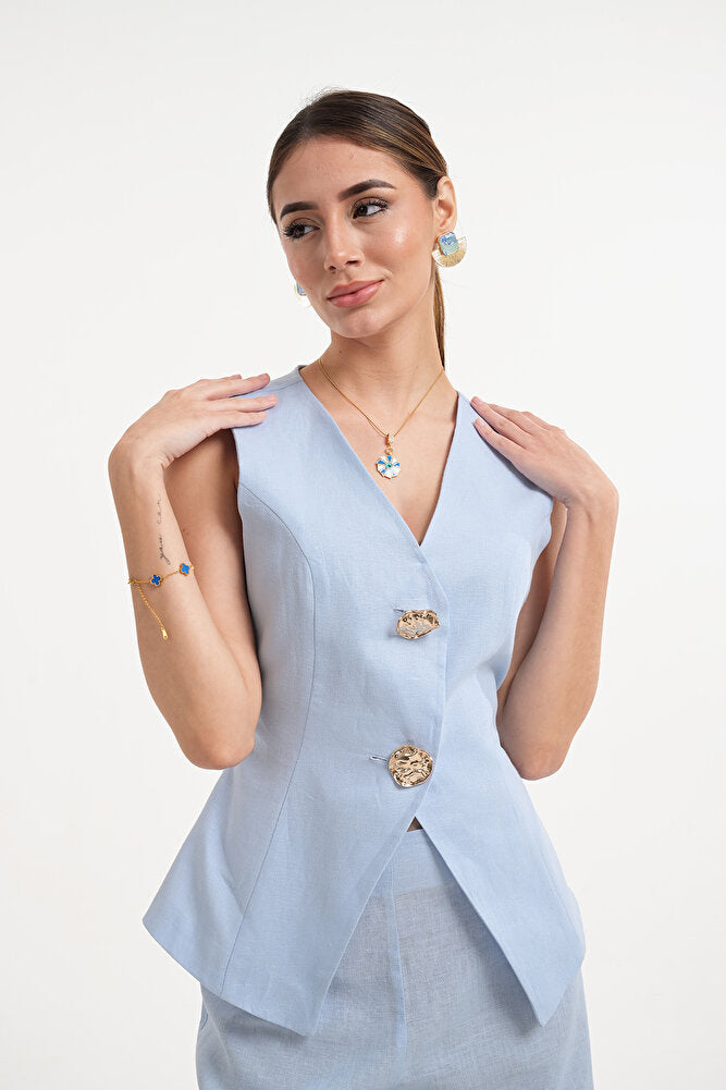 Blue Valerie Gold Düğme Detaylı Palazzo Takım