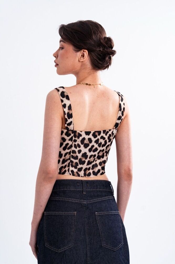 Leopar Desenli Askılı Kare Yaka Crop Bustiyer