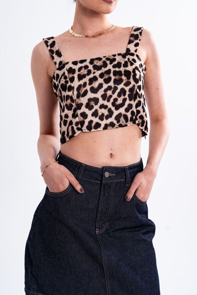 Leopar Desenli Askılı Kare Yaka Crop Bustiyer