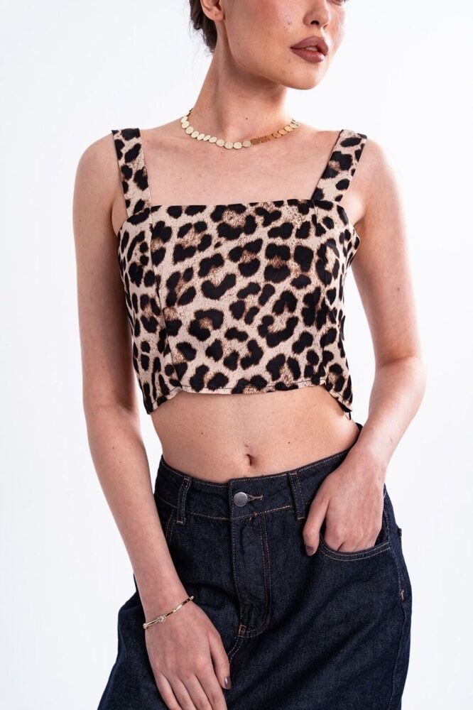 Leopar Desenli Askılı Kare Yaka Crop Bustiyer
