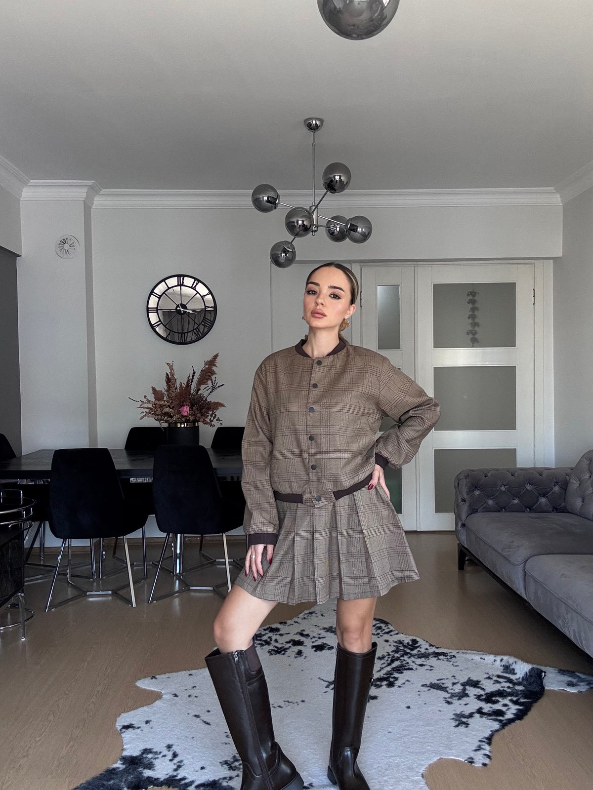 Ekose Bomber Ceket Ve Etek Takım