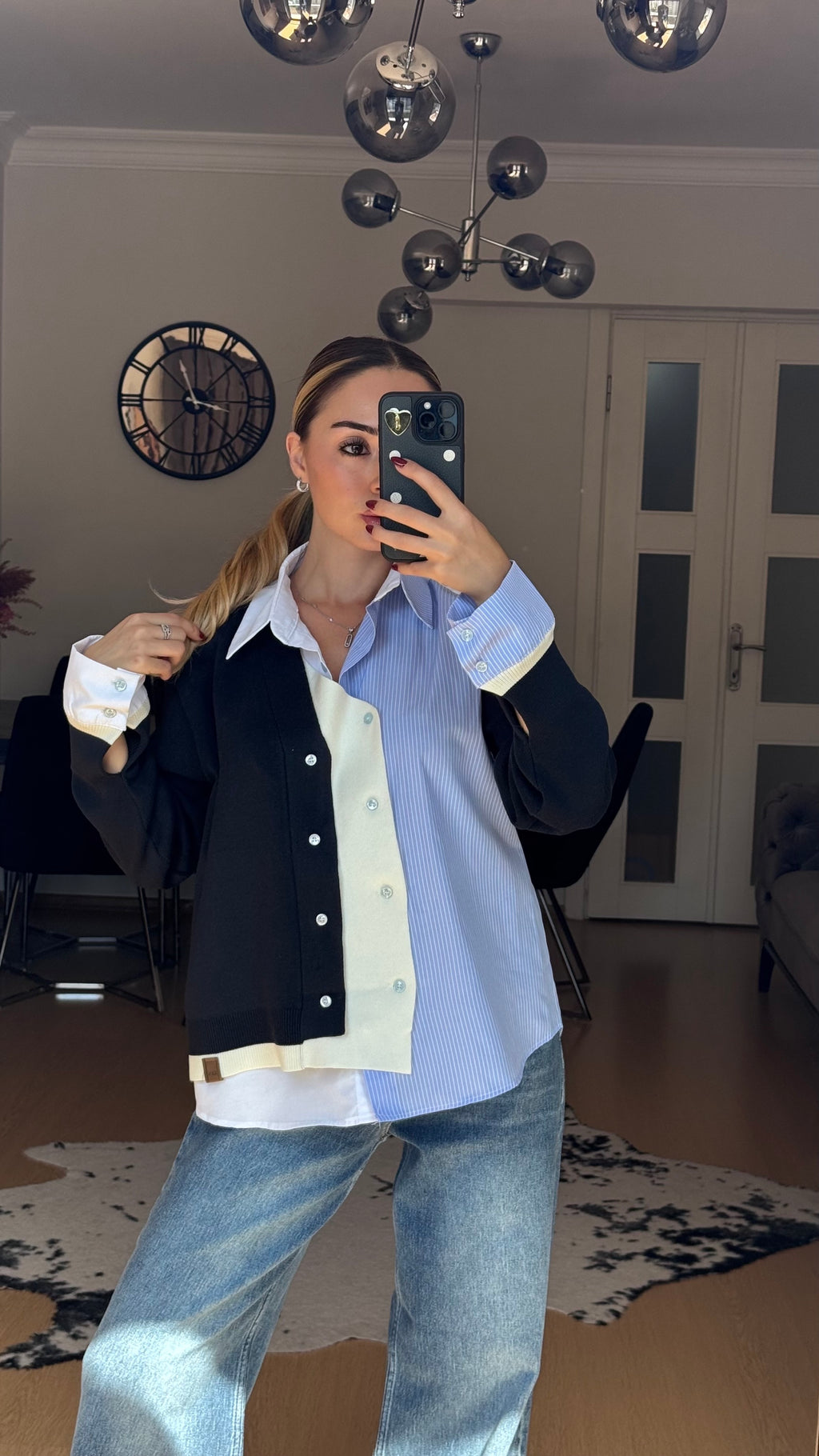 Triko Detaylı Asimetrik Çizgili Gömlek